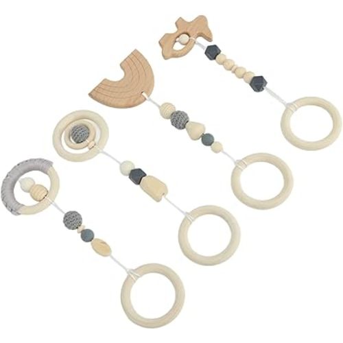 generic 4pcs Stroller Pendant Toys Baby Play Gym Wooden Hanging Toys for Toddlers Infants (Grey)