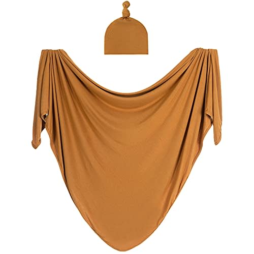Bayceen Large Jersey Knitted Swaddle Blanket for Baby, Soft Stretchy Receiving Blanket for Newborns with Hat, Large 47 x 47 inches (Copper)