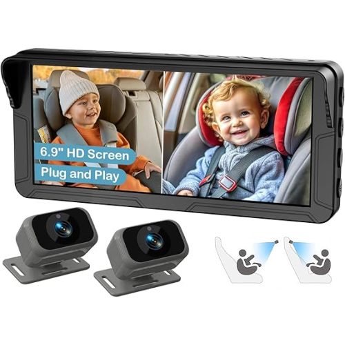 Dual Baby Car Camera for 2 Kids – 6.9” Split Screen Ultrawide HD Display with 2 Cameras, IR Night Vision, Easy Installation, Dual Car Camera Baby Monitor for Infant & Toddler Safety