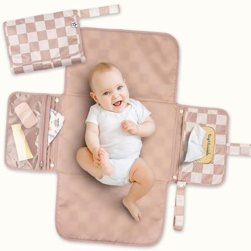 Tiny Twinkle Portable Diaper Changing Pad | Waterproof, Wipeable & Compact Baby Changing Pad for Travel | Smart Wipes Pocket & Organized Storage| Newborn Shower Gift (Sage Checkers)