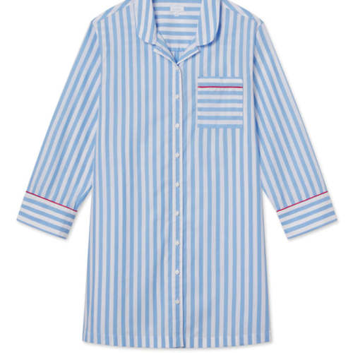 LAKE | Women | Poplin Pajamas | Baltic Blue Beam Stripe Poplin Piped Nightgown