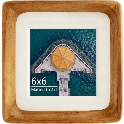 Handcrafted Natural Wood Picture Frame with Mat for Wall and Tabletop display (Teak, 6x6 matted to 4x4)
