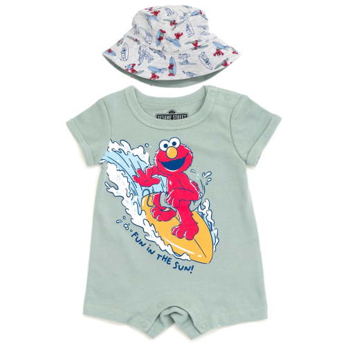 Sesame Street Elmo Surfboard Romper and Bucket Sun Hat Newborn to Infant