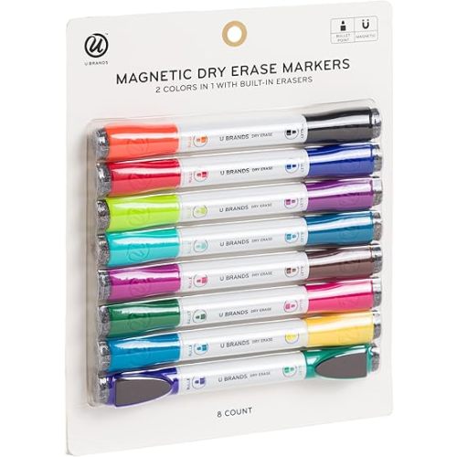 U Brands Fine Tip Dry Erase Markers with Eraser, Magnetic Double Ended Whiteboard Markers, Low Odor, Assorted Bright Colors, Set of 8