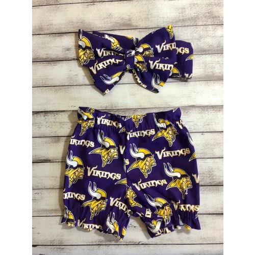 Minnesota Vikings Inspired Football Headwrap Bloomer Baby Headband Toddler Bows Big Bow Infant Bloomer Little Baby Girl Shorts Bummies