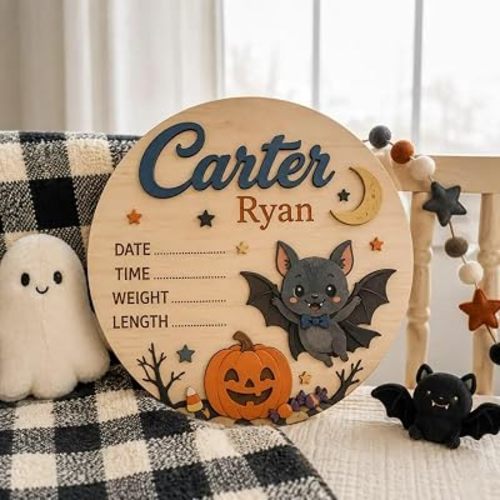 Personalized Halloween Bat Baby Birth Stats Wooden Sign, Custom Newborn Name Birth Announcement Plaque, 3D Pumpkin Moon Baby Milestone Keepsake,7.09×7.09in