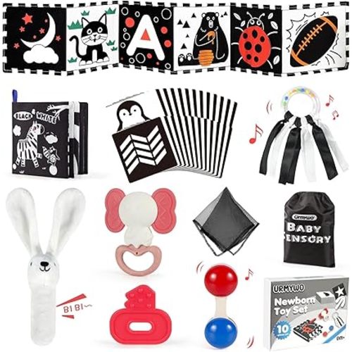 URMYWO 10 Pcs High Contrast Black and White Baby Toys for Newborn, Tummy Time Mirror, Rattle, Teether, Visual Stimulation Learning Cards, Sensory Toys for 0-6 Months, Baby Boy Girl Valentines Gifts