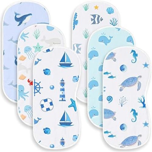 6 Pack Blue Burp Cloths Baby Boys Girls with Ocean Animals Pattern, Large 100% Cotton Burping Clothes for Newborns Gifts Extra Soft and Absorbent 9.8X19.6inches
