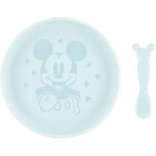 Bumkins Disney Baby and Toddler Plate and Spoon Set, Silicone Dish for Babies and Kids, Baby Led Weaning, Children Feeding Supplies, Microwave Safe, Platinum Silicone, Ages 6 Months Up, Mickey Mouse