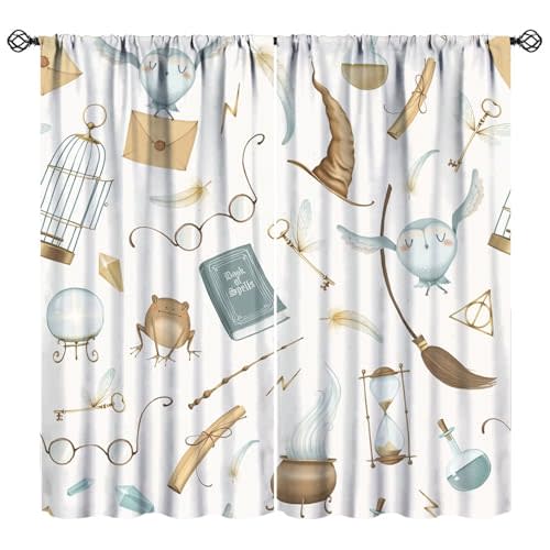 Kids Witchy Magical Curtains,Cute Book Hat Wizard Mysterious Owl Magical Pattern Drapes Window 2 Panel Rod Pocket Curtain for Bedroom Living Room Decor 20.5" W X 45" L No Blackout