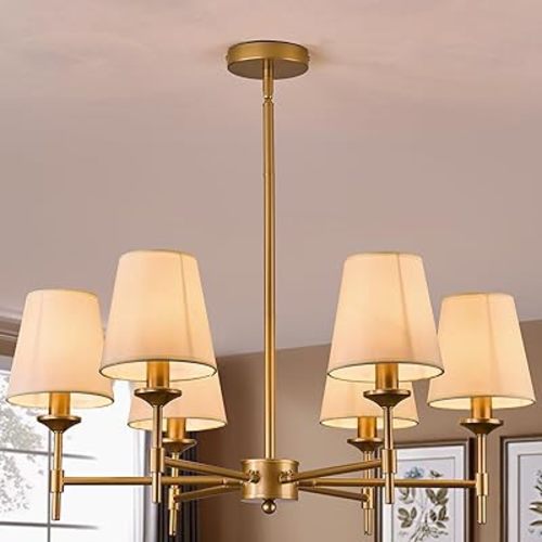 Gold Chandelier with Shades 6 Light Ceiling Light Fixture with Linen Fabric Farmhouse Pendant Lights for Bedroom Kitchen Dining Room Living Room Foyer
