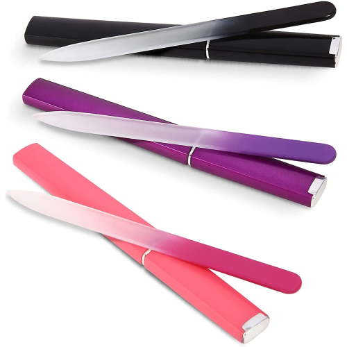 3 Pack Crystal Glass Nail File with Case, Glass Fingernail File for Natural Nail Professional Czech Glass File Double-Sided Etched Gentle Nail Care Stocking Stuffers for Women or Adults, Unique Gifts