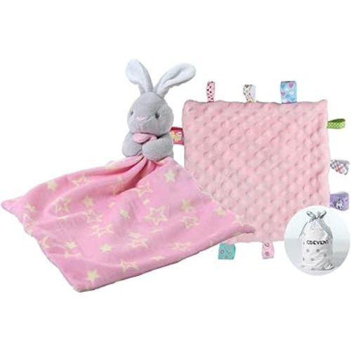 CREVENT Soft Plush Animal Face Security Blankets for Boys and Girls, Great Gifts for Birthday Baby Shower (Hugging Bunny + Tag)