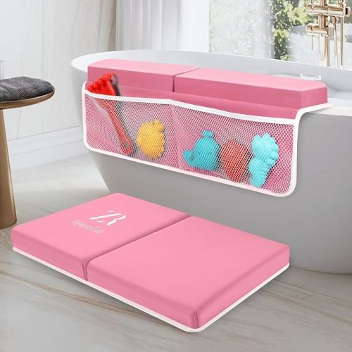 Bath Kneeler and Elbow Rest Pad Set - 2-Inch Thick Comfortable Baby Bath Kneeler Pads, Quick-Dry Non-Slip Bathtub Mat with Toy Organizer for Knee & Arm Support for Baby Bath Time