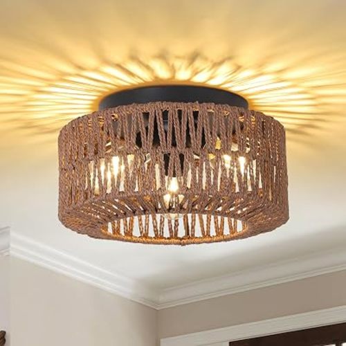 PAUFUL Boho Light Fixture,3-Light Farmhouse Rattan Light Fixtures Ceiling Mount,Flush Mount Ceiling Light with Hand-Woven Shade,Modern Chandelier for Living Bedroom Entryway Kitchen Nursery
