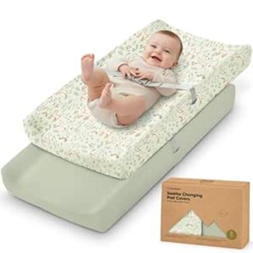 2-Pack Organic Changing Pad Covers for Girl, Boy, Neutral - 100% Cotton Changing Table Pad Cover, Soft Baby Nursery Diaper Changing Pad Sheets, Contour Changing Pads Liners, Change Pad Cover (Foxtrot)