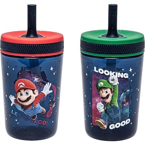 Zak Designs The Super Mario Galaxy Movie Kelso Toddler Tumblers For Travel or Home, 15oz 2-Pack Durable Plastic Sippy Cups With Leak-Proof Design is Perfect For Kids, BPA Free (Mario & Luigi)