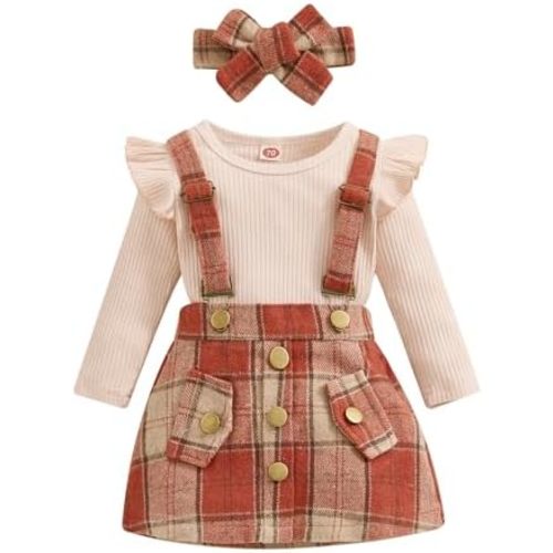 SAYOO Kids Toddler Girl Fall Clothes Baby Crew Neck Solid Knitted Pullover Top A-Line Button Plaid Skirt Dress 2Pcs Oufits