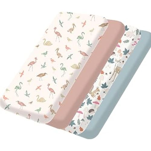 Bimocosy Mini Crib Sheets,Pack and Play Sheets for Baby Girl Boy 4 Pack,Size 38"x 26" for Playard Mattress,Portable Mini Crib,Soft Pack N Play Sheets Fitted,Wetland Birds/Squirrel/Mauve/Fog Blue