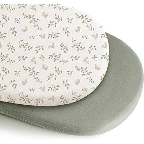 Konssy 2 Pack Muslin Bassinet Sheets for Boys, Girls, 100% Cotton Soft Breathable Fitted Bassinet Mattress Sheet, 32 x 16 inches (Sprout,Fog Green)