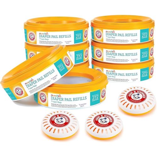 Munchkin Refill Set for STEP and PAIL Diaper Pails - Includes 8 Arm & Hammer Refill Rings and 3 PUCK Baking Soda Cartridges
