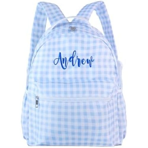 Gingham Daycare Backpack Personalized Blue Checkered Backpack with Embroidered Name - 16inch Large Casual Daypack for Travel Birthday Christmas Gifts - Fit Folder