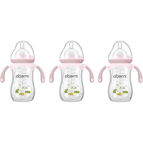 Oberni Baby Bottles, Weighted Straw Toddler Milk Bottles with Non-Slip Handle, Size + Variable Fast Flow, 12+ Months, BPA-Free, Pink/3Pack/9oz
