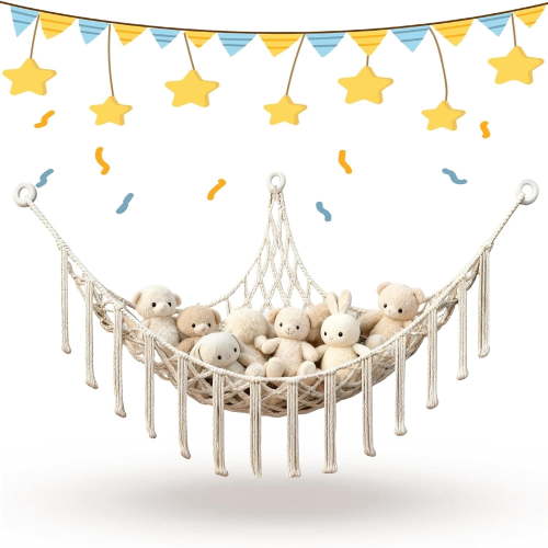 Hautllaif Teddy Hammocks, Corner Toy Storage Net for Stuffed Animals, Stuffed Animal Storage Net, Cute Plush Nursery Hanging Organizer for Kids Bedroom and Playroom (Beige)