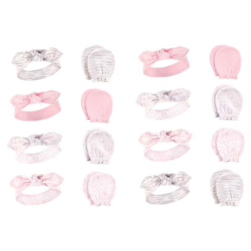 Hudson Baby Infant Girl 16Pc Headband and Scratch Mitten Set, Gray Feather, 0-6 Months