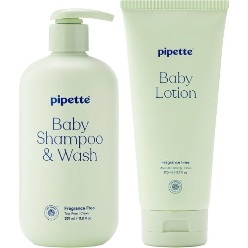 Pipette Fragrance Free Wash and Lotion Duo, Pack of 2, Fragrance Free Baby Shampoo and Body Wash, Unscented Lotion for Newborns, Sensitive Skin, and Kids, Tear-Free Bath Time, Hypoallergenic