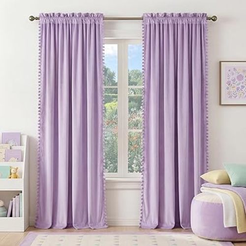 NICETOWN Lilac Purple Pom Pom Velvet Curtains 84 Inch Length for Nursery & Kids Room - Room Darkening Drapes Thermal Insulated Soft Window Treatments Princess Room Decor (2 Panels)
