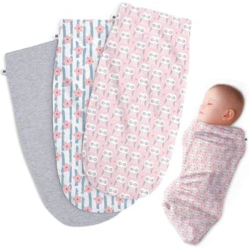 Henry Hunter Baby Swaddle Sack | The Simple Swaddle | Soft Stretchy Cotton Swaddles for Newborns | Baby Swaddles 0-3 Months, Swaddle Blankets Baby Girl, Pack of 3, Flower | Owl | Light Heather
