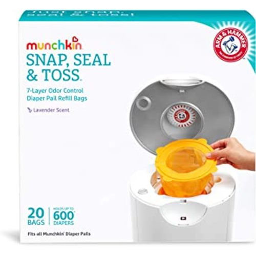 Munchkin® Arm and Hammer Diaper Pail Snap, Seal and Toss Refill Bags, Holds 600 Diapers, White 20 Count