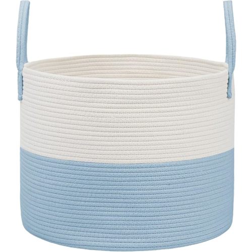 65L Extra Large Blanket Basket for Living Room - Woven Cotton Rope Laundry Hamper with Reinforced Handles - Storage Bin for Pillows, Comforters & Toys - Machine Washable,White&Blue