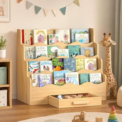 4-Tier Montessori Scalloped Kids Bookshelf with Drawer