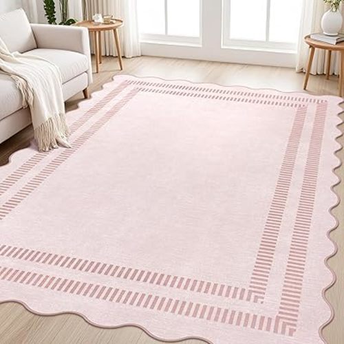 Washable 5x7 Area Rugs for Living Room, Solid Pink Non Slip Rugs for Bedroom Girls, Stain Resistant Scalloped Soft Carpet for Nursery Dorm Dining Room