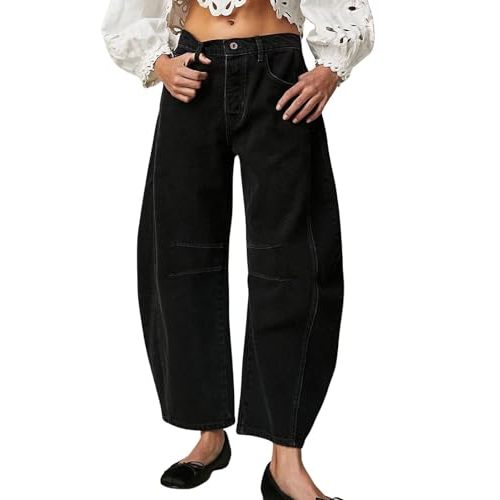Womens Stretchy Mid Rise Barrel Jeans Vintage Loose Wide Leg Cropped Denim Pants Y2k Baggy Boyfriend Jeans