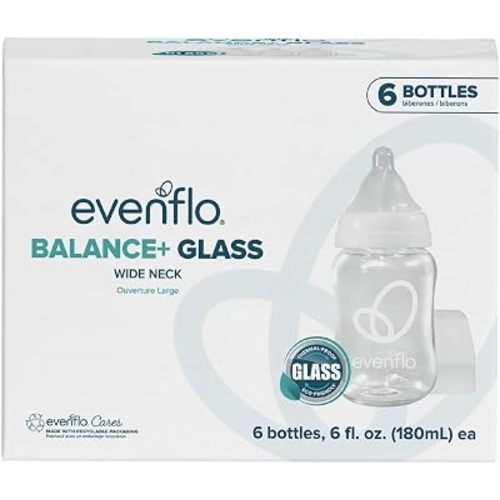 Evenflo Balance+ Glass Wide Neck Baby Bottles, Clear, 6 fl oz, 6 Pack