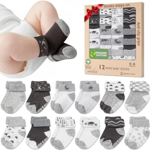 GOTS Organic Cotton Blend 12 Sock Shoes Babies 0-6 M Unisex Non Slip Gift | Oeko-Tex Certified, Baby Socks, 12 Pairs, Newborn Socks Girl, Girls Ankle Socks, Black, Unisex Design, 0-6 Months,