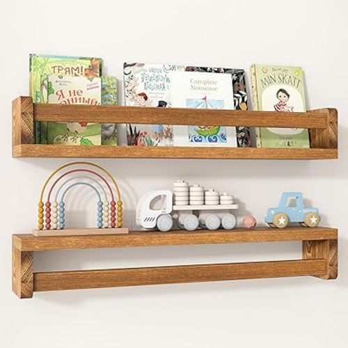 Fun Memories Nursery Book Shelves Set of 2, 24 Inch Solid Wood Wall Book Shelves, Kids Room Floating Shelves Organizer & Toy Storage, Dark Brown Nursery Decor