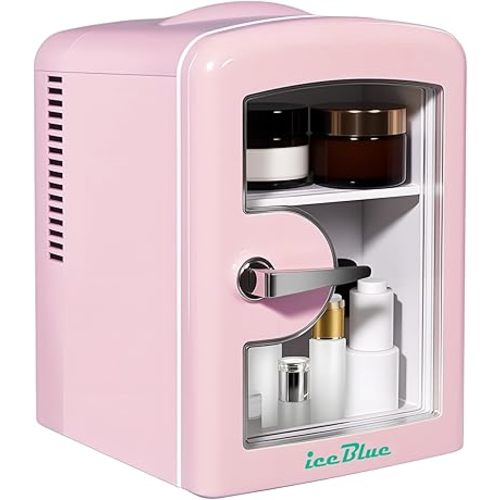Iceblue Mini Fridge, Skincare Fridge with Viewing Window, 4 Liter /6 Cans Compact Mini Makeup Fridge for Beauty & Beverages, Tiny Fridge for Desk, Bedroom, Car, Office, Dorm, Gift - Pink