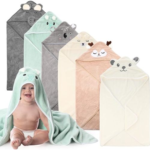 6 Pack Baby Hooded Towels Coral Fleece Baby Bath Towels 31.5 x 31.5 Inch Soft Absorbent Hooded Bath Blanket for Newborn Toddler Infant Boy Girl Shower Gift Supplies(Multicolor,Classic)