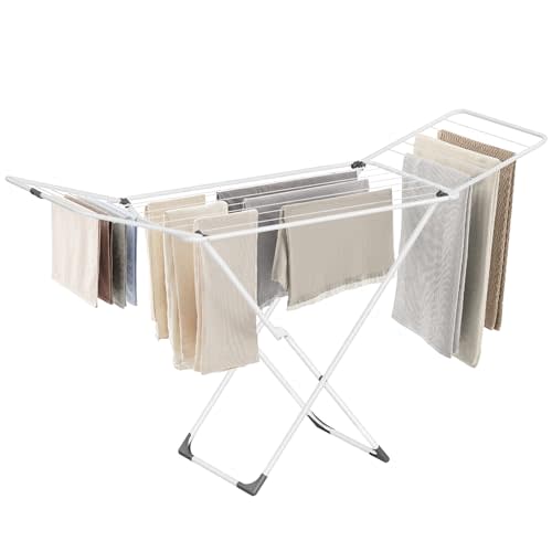 SONGMICS Clothes Drying Rack, Metal Laundry Drying Rack, Foldable, Space-Saving, Free-Standing Airer, with 2 Gullwings, Indoor Outdoor Use, Bed Linen Clothing, White ULLR540W01