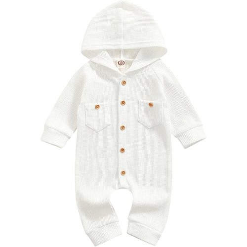 Ynibbim Winter Newborn Baby Boy Girl Solid Romper Unisex Infants Hooded Outfit Clothes Waffle Cotton Button Jumpsuits - Pure White - 0-3 Months