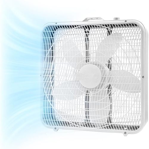 Comfort Zone Box Fan with Carry Handle, 20 inch, 3 Speed Full-Force Air Circulation Window Fan, Bedroom Floor Fan with 5 Blades, White Noise Cooling Fan, White