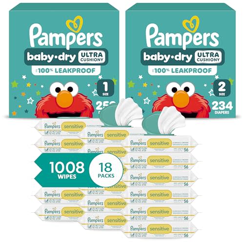 Pampers Baby Dry Disposable Baby Diapers Starter Kit (2 Month Supply), Sizes 1 (252 Count) & 2 (234 Count) & Sensitive Water Based Baby Wipes 12X Flip-Top Packs (1008 Count) [Packaging May Vary]