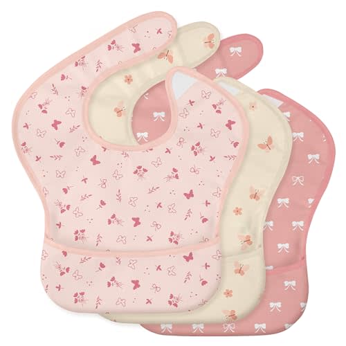 3 Pack Waterproof Baby Bibs for Eating, Mess Proof Feeding Bib | Lightweight & Wipeable Toddler Food Bibs, Large Catch-All Pocket, Food-Grade Baby Eating Essentials Gifts, Pink Butterflies