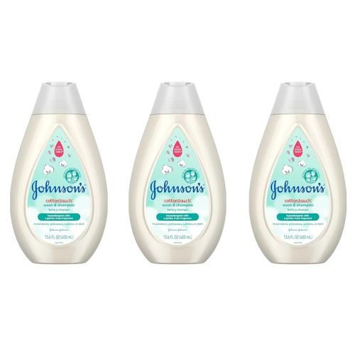 Johnson's CottonTouch Newborn Baby Wash & Shampoo with No More Tears, Sulfate-, Paraben- Free for Sensitive Skin, Made with Real Cotton, Gently Washes Away Dirt & Germs, 13.6 fl. oz, Pack of 3