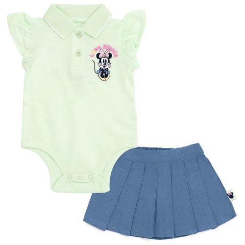 Disney Minnie Mouse Newborn Baby Girls Bodysuit and Chambray Pleated Skirt Outfit Set Light Green / Blue 0-3 Months