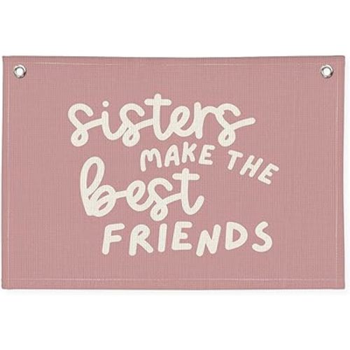 Best Friends Nursery Decor - Sister Pink Linen Banner Wall Hanging for Baby Girl Shower Gift, Toddler Bedroom & Girls Playroom 20x30 Inch